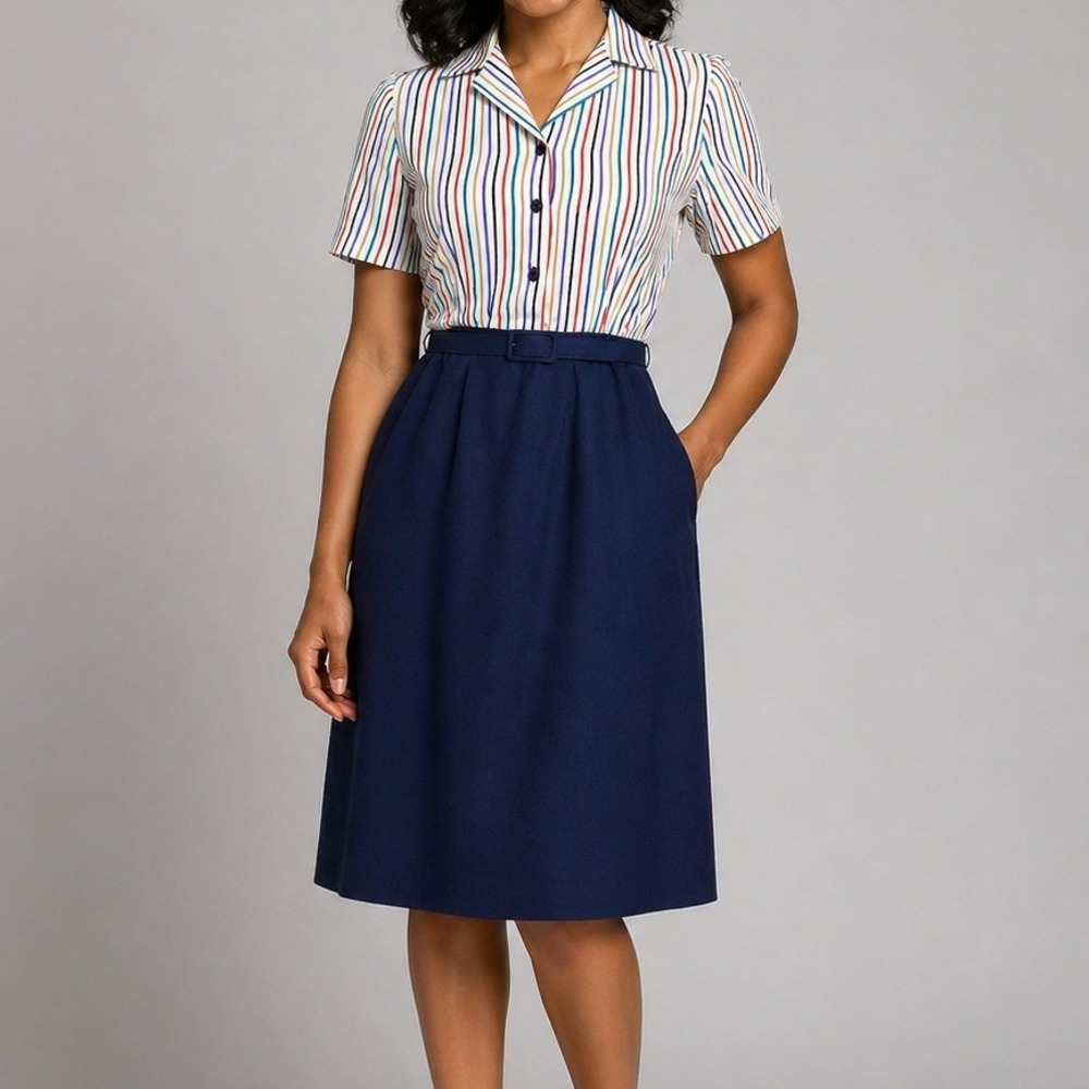 Vintage 70s Lady Carol Petites Striped Navy Belted Secretary Dress Polyester M